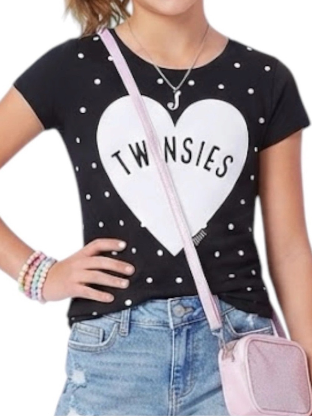 JUSTICE Black Polka Dot Heart Cap Sleeve T-Shirt Size 14Y